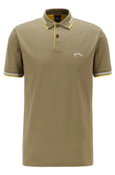 Shop Hugo Boss - Slim Fit Polo Shirt In Stretch Piqu With Curved Logo - Green