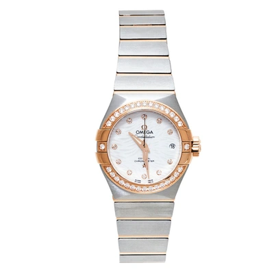 Pre-owned Omega Mother Of Pearl 18k Rose Gold Stainless Steel Diamond Constellation Co-axial Chronometer 123.25.27.2 In Silver
