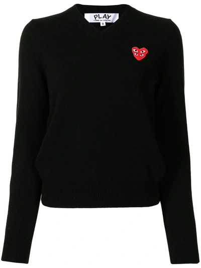 Comme Des Garçons Play Womens Black Heart-appliqué V-neck Cotton-knit  Jumper Xs | ModeSens