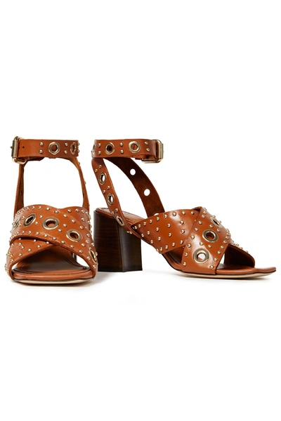 Shop Maje Eyelet-embellished Studded Leather Sandals In Tan