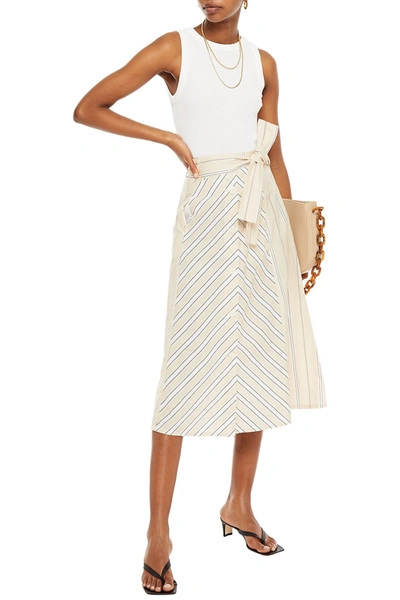 Shop Maje Striped Cotton-poplin Midi Skirt In Beige