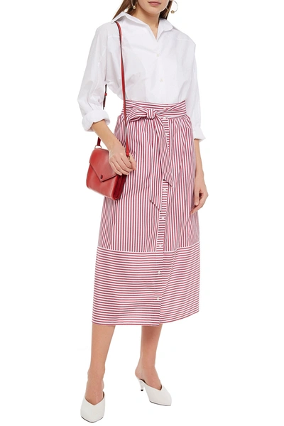 Shop Maje Jousse Belted Striped Cotton Midi Skirt In Crimson