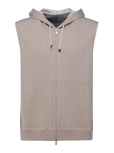 Shop Brunello Cucinelli Hooded Fleece Vest In Dark Beige