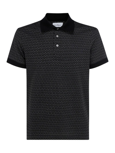 Shop Ferragamo Monogram Print Cotton Polo Shirt In Black