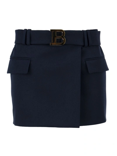 Shop Balmain Wool Mini Skirt In Blue