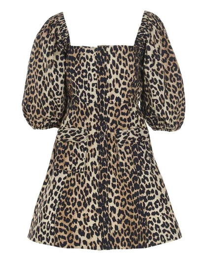 Shop Ganni Balloon Sleeve Flared Dress In Animalier In Animal Print