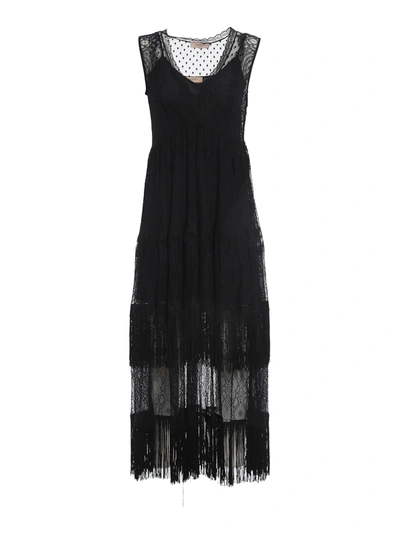 Shop Twinset Tulle And Fringes Details Long Dress In Black