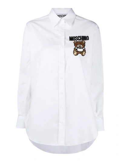 Shop Moschino Teddy Bear Stretch Cotton Shirt In White