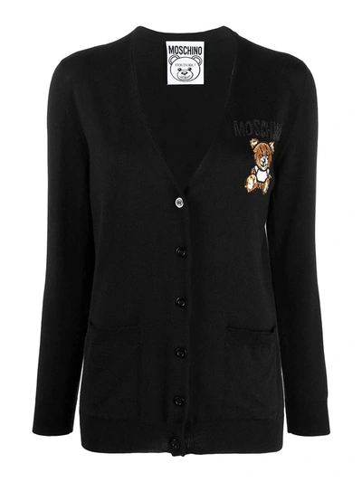 Shop Moschino Teddy Bear Wool Cardigan In Black