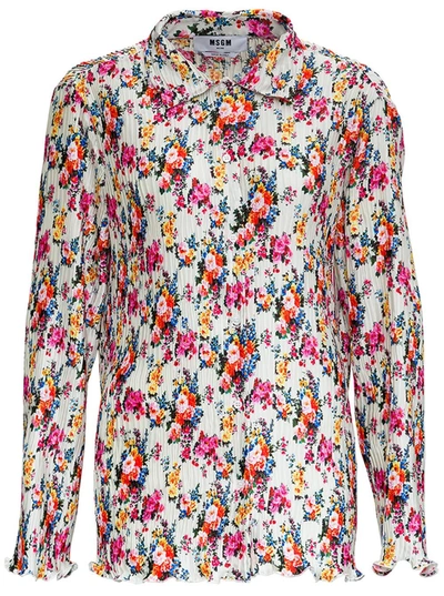 Shop Msgm Pleated Shirt With Floral Print In Multicolor