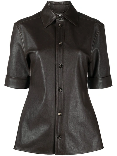 Shop Bottega Veneta Leather Shirt With Three-quarter Sleeves In Brown