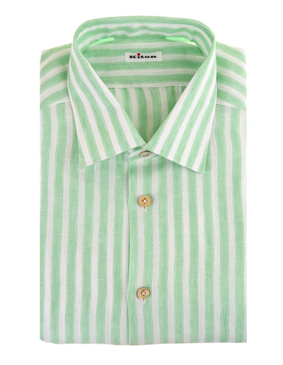 Shop Kiton Man Linen Shirt With White And Green Stripes In Verde/bianco