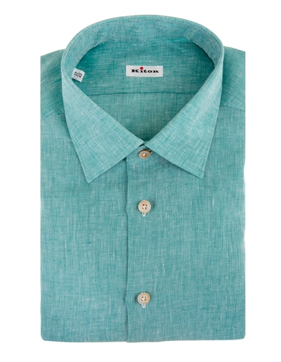 Shop Kiton Man Regular Fit Shirt In Aquamarine Linen In Verde Acqua