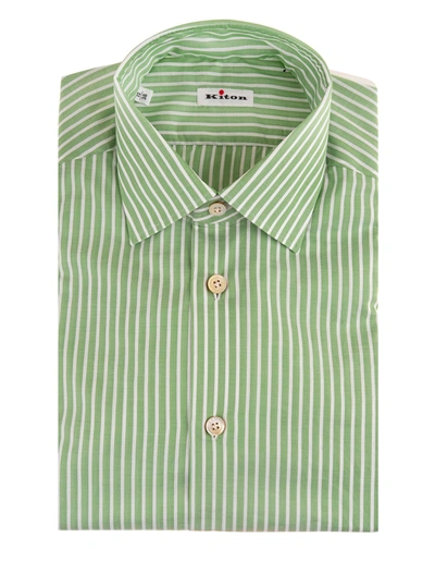 Shop Kiton Man White And Green Striped Popeline Shirt In Bianco/verde