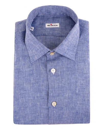 Shop Kiton Man Regular Fit Shirt In Cornflower Blue Linen In Denim