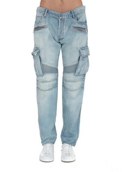 Shop Balmain Cargo Tapered Jeans In Blue