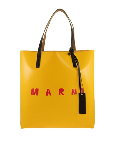 Shop Marni Logo Print Two-tone Pvc Tote In Yellow