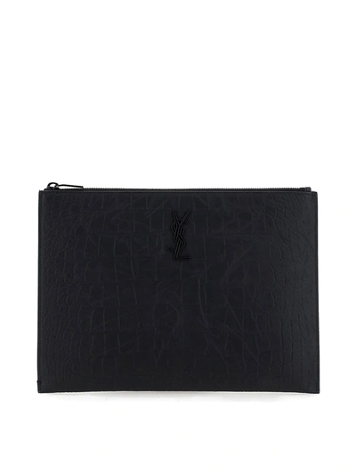 Shop Saint Laurent Croco Print Leather Ipad Case In Black