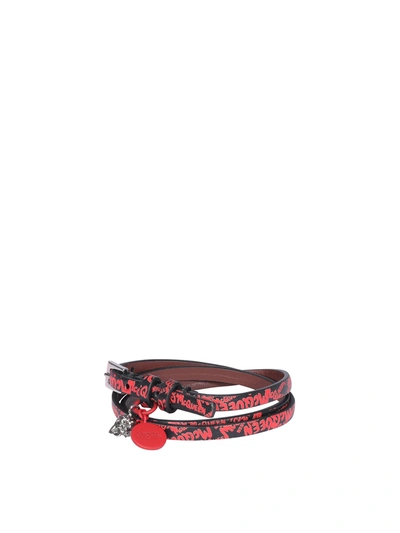 Shop Alexander Mcqueen Graffiti Print Leather Bracelet In Red