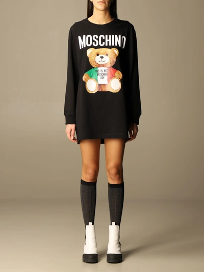 Shop Moschino Couture Cotton Sweatshirt Dress With Teddy Print In Black