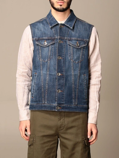 Shop Eleventy Denim Vest With Welt Pockets