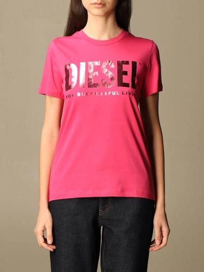 Shop Diesel Cotton T-shirt With Laminated Logo In Pink