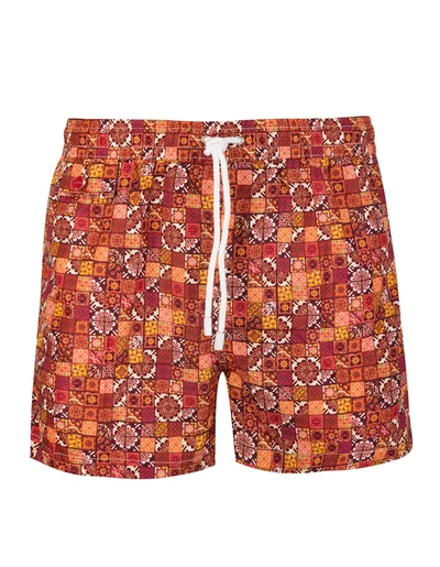 Shop Kiton Red And Orange Man Swimsuit With Tile Pattern In Mosaico