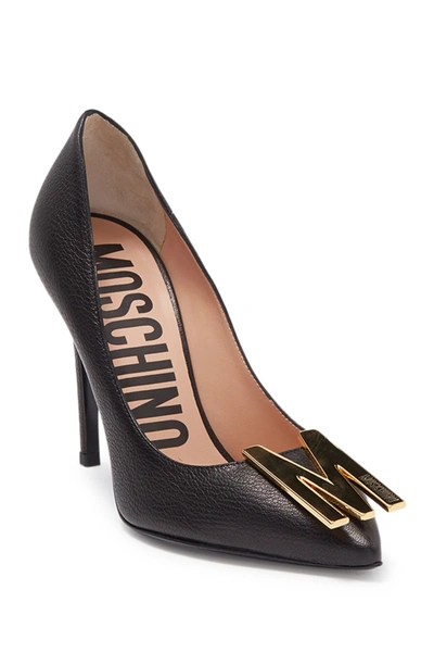 Shop Moschino Leather Pointed Toe M Stiletto In Black