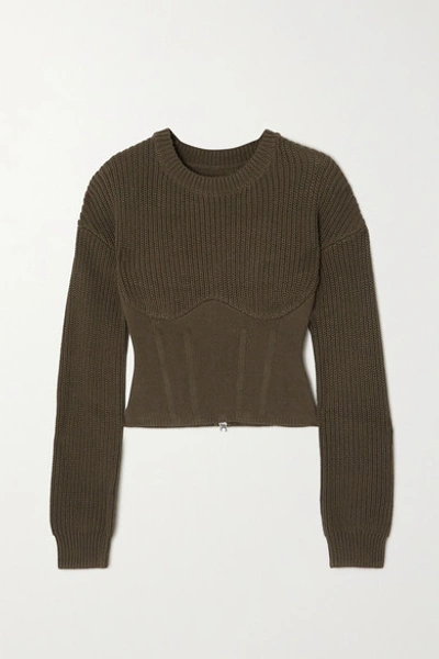Shop Rta Fitz Paneled Ribbed Cotton Sweater In Army Green