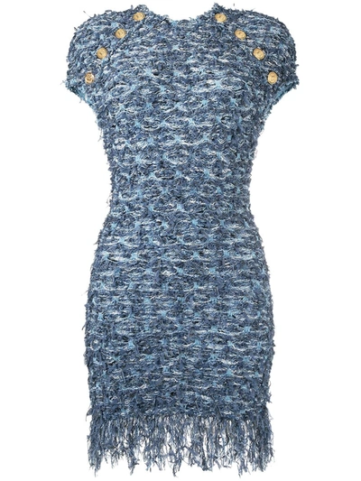 Shop Balmain Frayed Tweed Dress In Blue