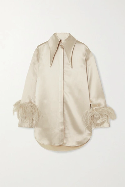 Shop 16arlington Seymour Feather-trimmed Satin Shirt In Beige