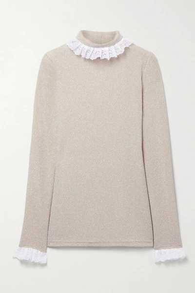 Shop Acheval Pampa Escalada Ruffled Lace-trimmed Stretch-knit Turtleneck Sweater In Neutrals