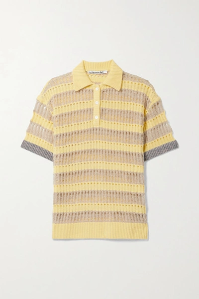 Shop Andersson Bell Moana Striped Open-knit Polo Shirt In Pastel Yellow