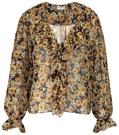 Shop Saint Laurent Floral Silk Mousseline Blouse In Orange