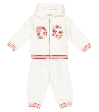 Shop Dolce & Gabbana Baby Floral Appliqué Cotton Trackpants In White