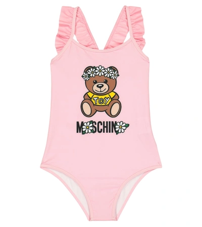 Shop Moschino Logo Ruffled Swimsuit In Yellow