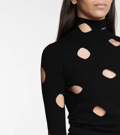 Prada Openwork Viscose Turtleneck Sweater In Black