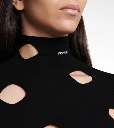 Prada Openwork Viscose Turtleneck Sweater In Black