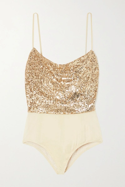 Shop Balmain Sequined Crepe Bodysuit In Gold