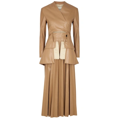 Shop A.w.a.k.e. Camel Pleated Faux Leather Dress In Beige