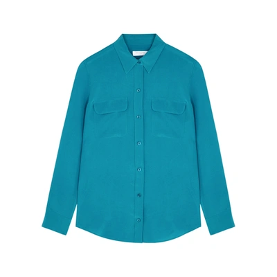 Shop Equipment Slim Signature Teal Silk Shirt In Blue