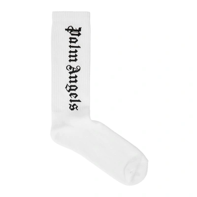 Shop Palm Angels White Logo-intarsia Cotton-blend Socks In White And Black