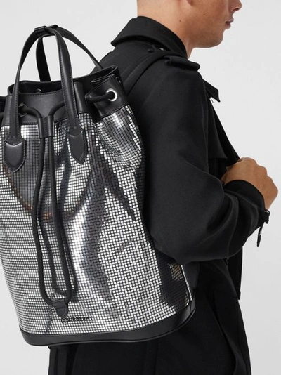Shop Burberry Mirrored Suede And Leather Drawcord Backpack In Silver/black