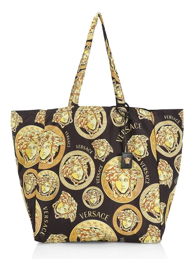 Shop Versace Women's Medusa Ampliefied Nylon Tote In Black Gold