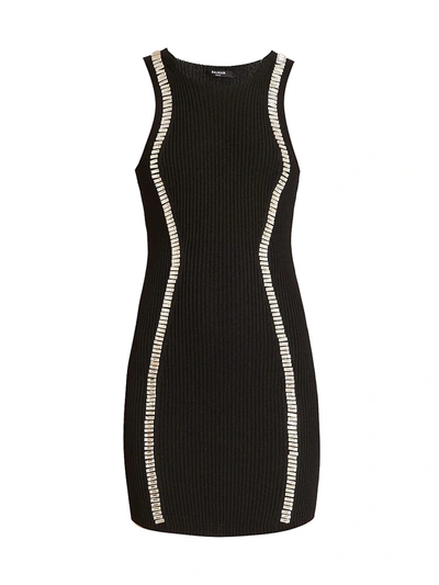 Shop Balmain Crystal-embellished Rib-knit Mini Dress In Black