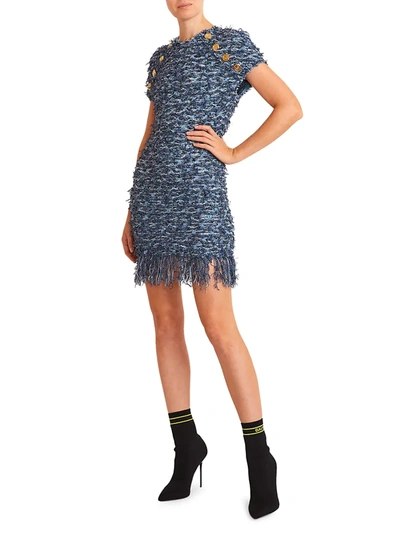 Shop Balmain Fringe Tweed Mini Dress In Bleu Jean
