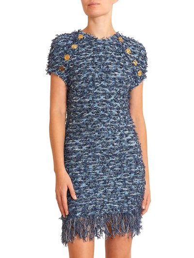 Shop Balmain Fringe Tweed Mini Dress In Bleu Jean