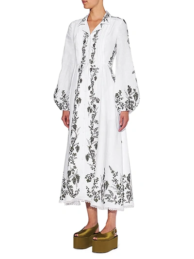 Shop Erdem Kendrick Embroidered Linen Midi Dress In White Green