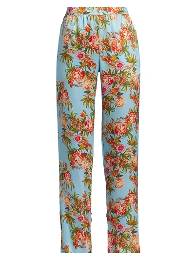 Shop Adriana Iglesias Nima Floral Silk Pants In Pool Blue