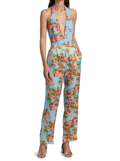 Shop Adriana Iglesias Nima Floral Silk Pants In Pool Blue